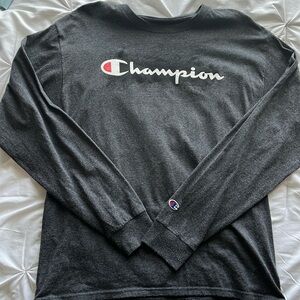 long sleeve Champion T shirt, gray and red, large